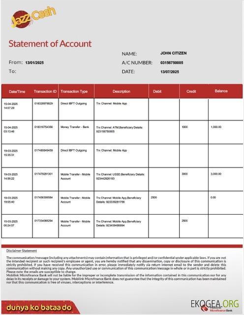 Pakistan Mobilink Microfinance Bank relevé de compte Modèle Word et PDF, version 2 template